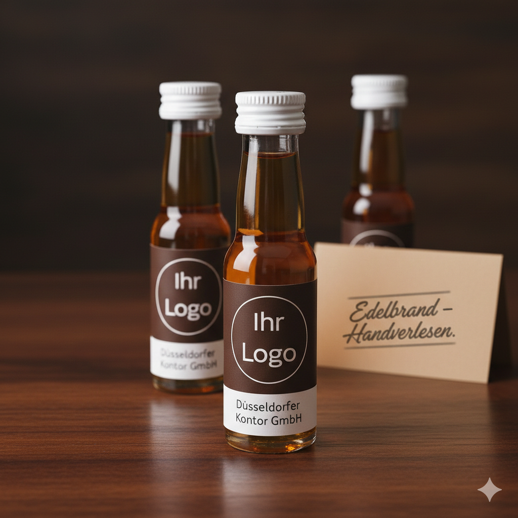 Edelbrände in 20ml Miniaturflaschen mit dunkelbraunem Logo-Etikett ansprechend auf einem rustikalen Holztisch präsentiert, inklusive Dekokarte 'Edelbrand – Handverlesen' für hochwertige Firmengeschenke.