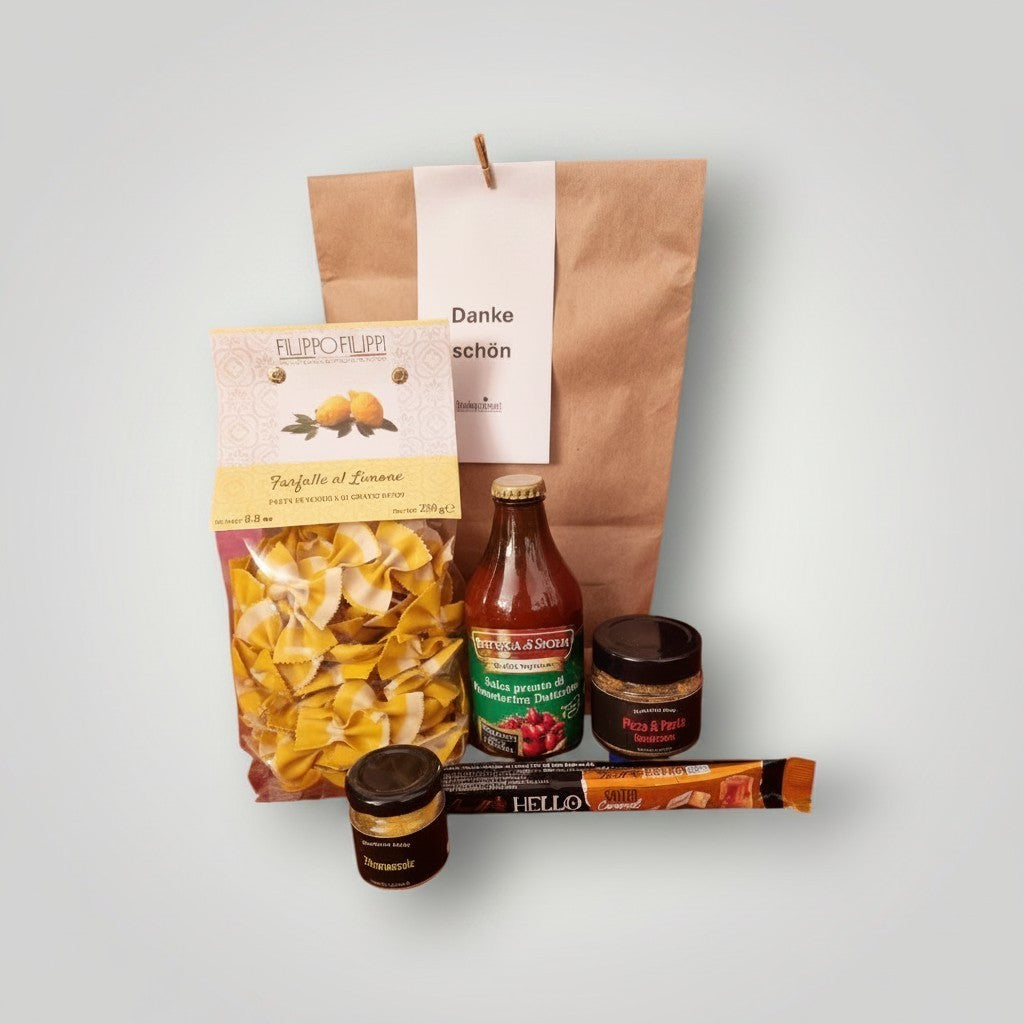 Stilvolle Wundertüte „Danke schön“ mit hochwertiger Feinkost als elegantes Geschenk - Dankepräsent