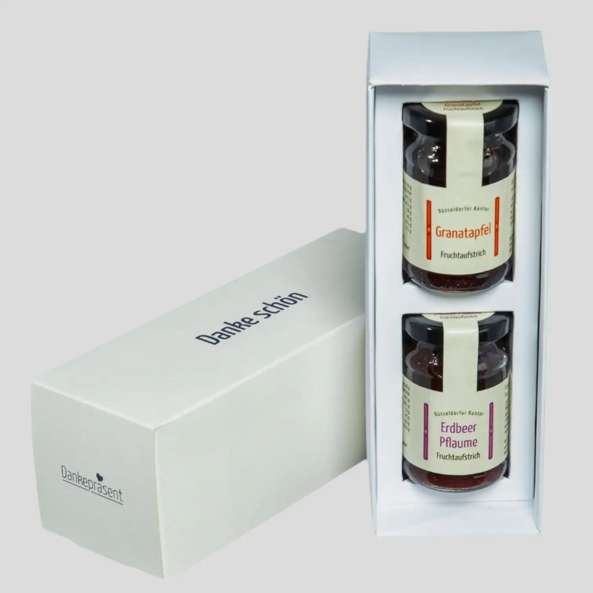 Dankegeschenk mit Fruchtaufstrich Granatapfel und Erdbeer-Pflaume zum einfachen Danke sagen - Düsseldorfer Kontor mit Dankepräsent