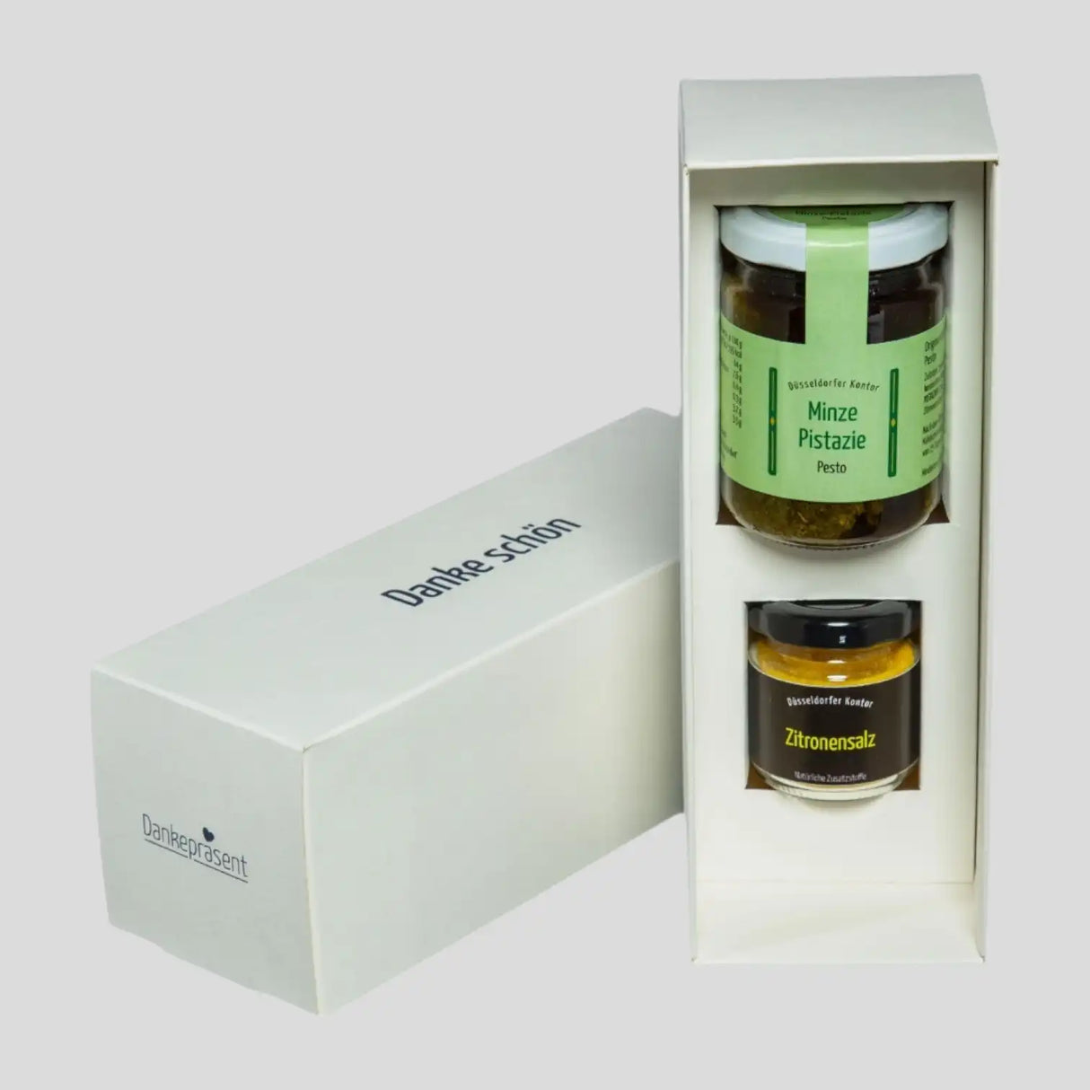 Wellnesspaket als Werbegeschenk mit hochwertigem Pistazien-Pesto und Zitronensalz zum einfachen Danke-Sagen von Düsseldorfer Kontor mit Dankepräsent