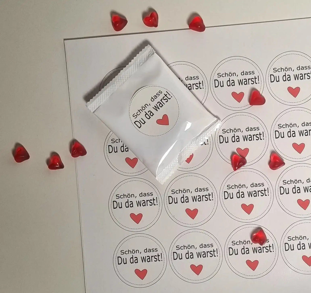 24er Set Herz-Fruchtgummitüten mit Aufdruck "Schön, dass Du da warst" als Gastgeschenk für Hochzeiten und Feiern.