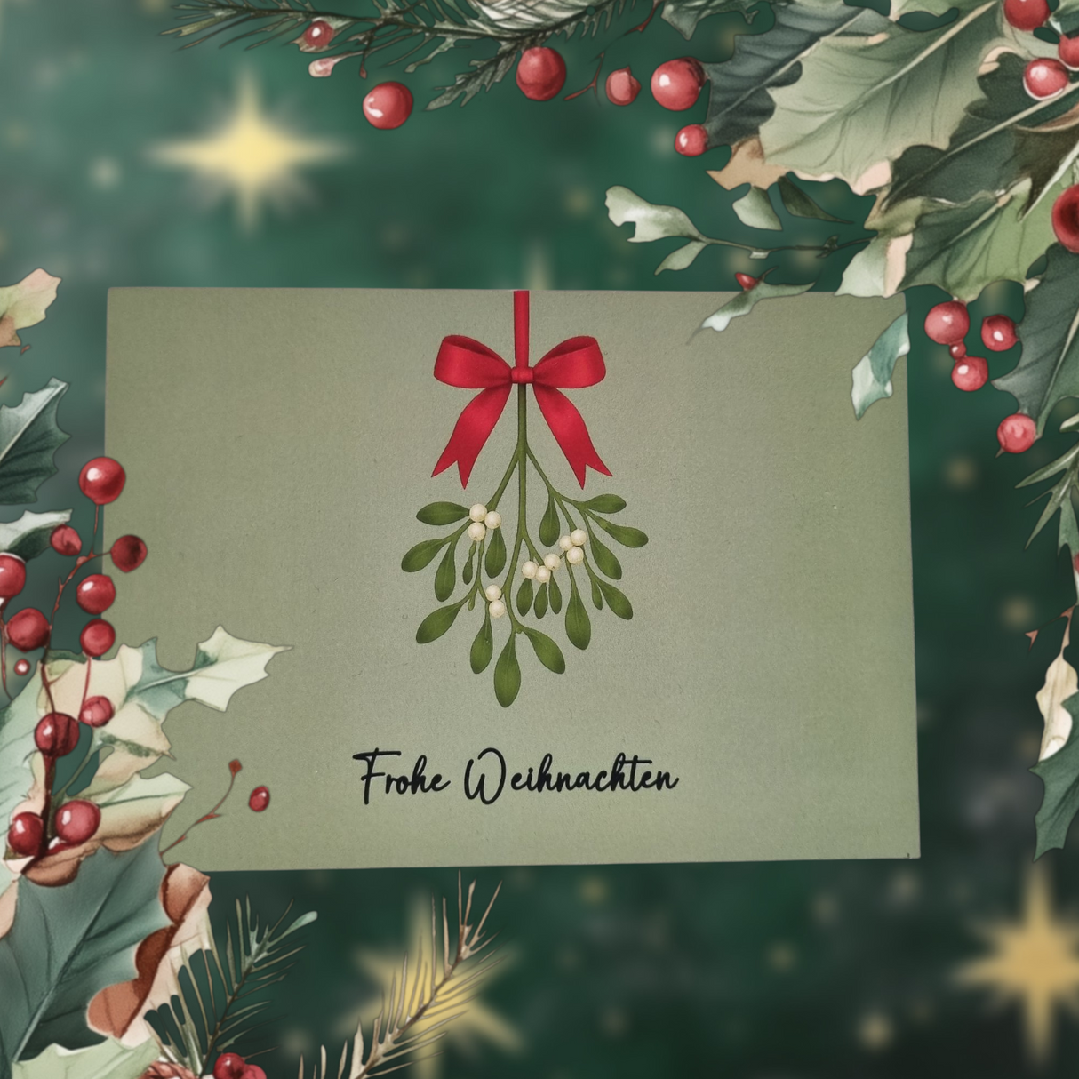 Eine feierliche Weihnachtskarte auf salbeigrünem Hintergrund mit einem Mistelzweig, einer roten Schleife und dem Text „Frohe Weihnachten“. Die Karte ist hier mit Stechpalmenzweigen, roten Beeren und goldenen Sternen eingerahmt. Das Bild steht für die bundesweite Bereitstellung von hochwertiger Mitarbeiterbindung und authentischem Employer Branding durch Dankepräsent, um Unternehmen dabei zu unterstützen, zum Jahresausklang „Danke“ zu sagen.