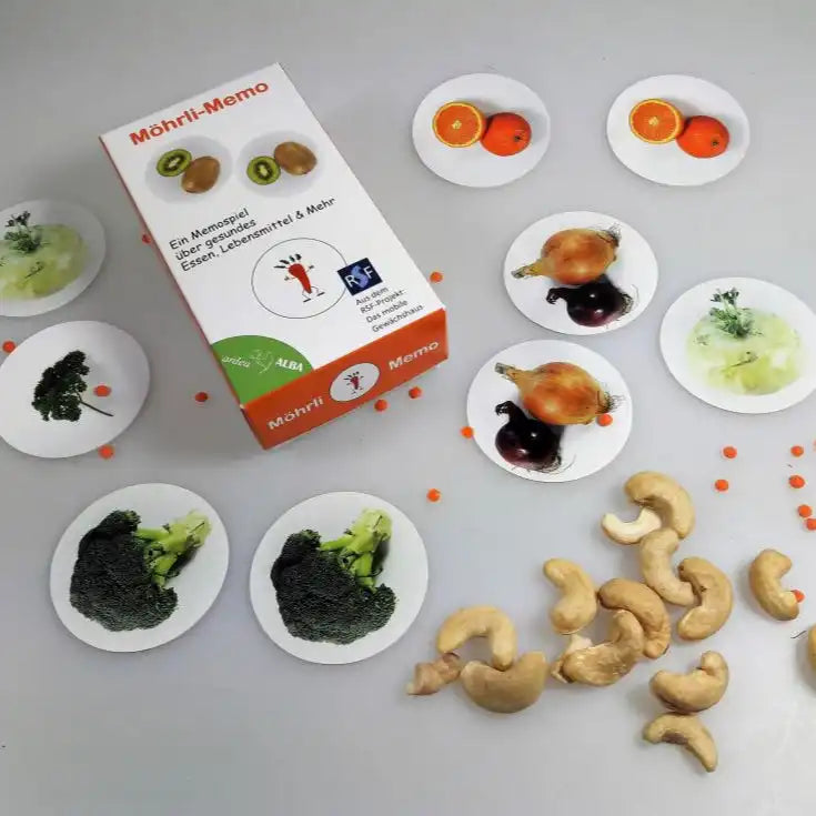 Hochwertiges Memospiel mit Motiven zum Thema gesunde Ernährung. Ideales Lernmaterial für die Sprachförderung in logopädischen Praxen und Kitas und für Zuhause.