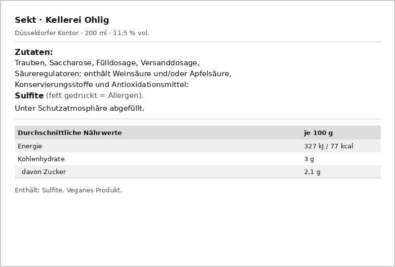 Nährwerttabelle Zutaten Sekt