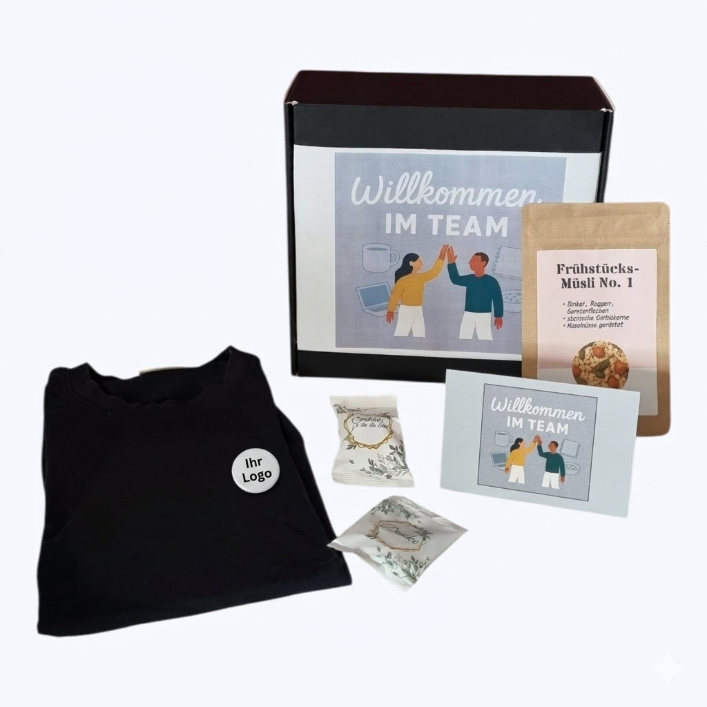 Azubi-Onboarding-Box mit personalisiertem Logo-T-Shirt, Müsli und Glückskeks – Das perfekte Willkommensset für den Ausbildungsstart mit bundesweitem Versand.