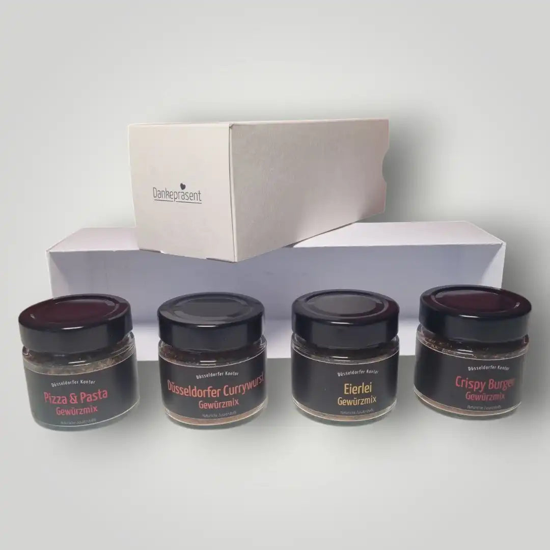 Große ‚Danke schön‘-Geschenkbox vom Düsseldorfer Kontor mit vier erlesenen Gourmet-Gewürzen. Hochwertiges Präsent-Set für Kunden und Mitarbeiter, stilvoll verpackt in der neutralen Dankepräsent-Box für echte Wertschätzung.
