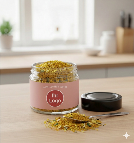Gelbes Zitronensalz mit Kurkuma im Glas mit individuellem Etikett für Onboarding Boxen – bundesweiter Versand Dankepräsent