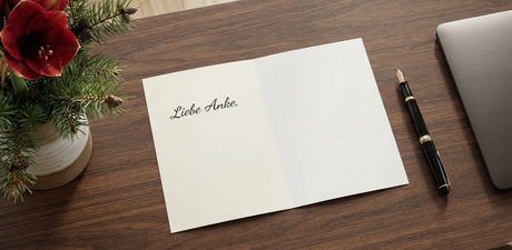 ein edler Schreibtisch mit einer Amaryllis links im Bild, auf der Platte liegt eine begonnende Karte mit der Anrede bislang, Karten vom Verlag ardea-ALBA.