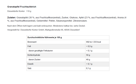 Zutaten und Nährwerte Granatapfel-Aufstrich vom Düsseldorfer Kontor by Dankepraesent, Slow Food Unterstützer, ohne künstliche Aromen