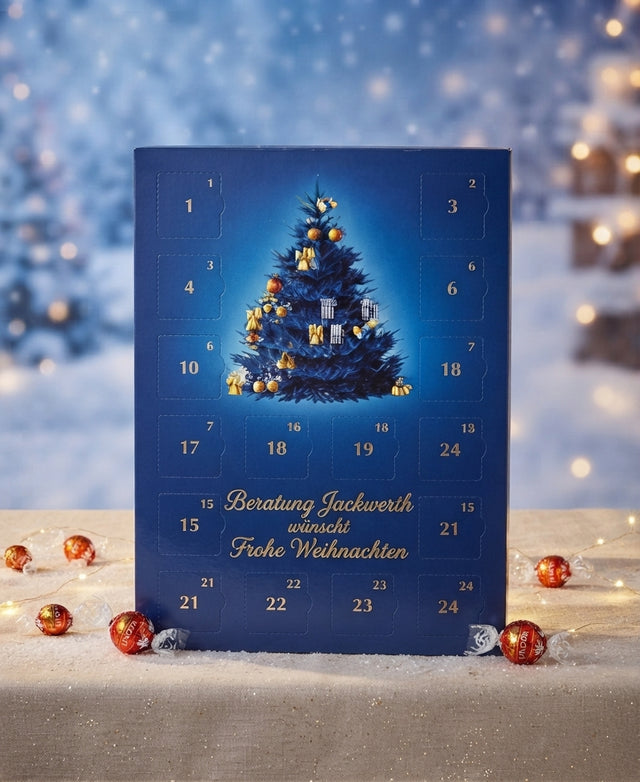 Klassischer Adventskalender mit Ihrem Logo und Design für Kunden und Mitarbeiter by Dankepräsent für höchste Wertschätzung, gefüllt mit Schokolade von Milka oder Lindt.