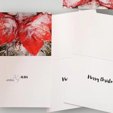 Amaryllis Weihnachtskarte B2B mit Logo-Druck und Wunschtext, Verlag ardea-ALBA Düsseldorf, hochwertige Grußkarte für Firmen und Vereine.