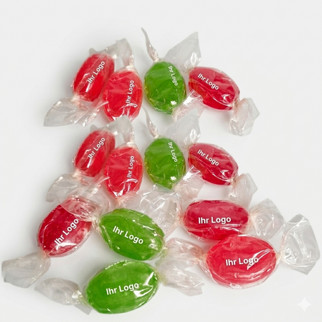 Einzeln gewickelte Bonbons in personalisierter Werbeverpackung mit Firmenlogo für den kontinuierlichen Bonbonflow am Empfang oder Point of Sale.