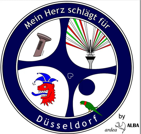 Hochwertiger Aufkleber mit Radschläger-Motiv und dem Schriftzug „Mein Herz schlägt für Düsseldorf“. Wetterfester Vinyl-Sticker für In- und Outdoor, 11cm rund.