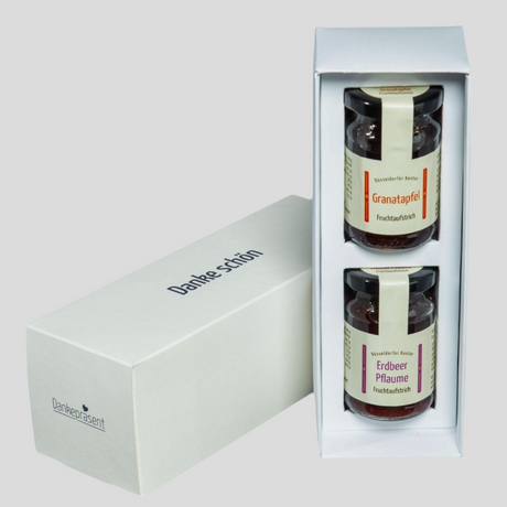 Dankegeschenk mit Fruchtaufstrich Granatapfel und Erdbeer-Pflaume zum einfachen Danke sagen - Düsseldorfer Kontor mit Dankepräsent