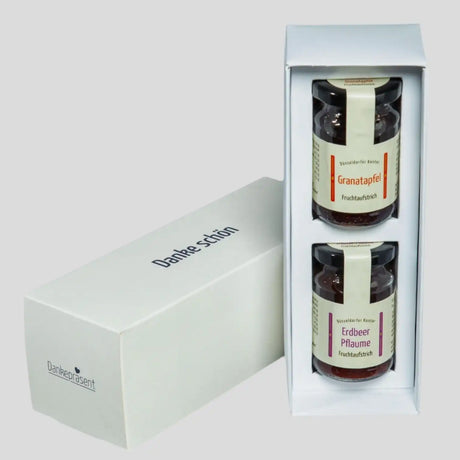 Dankegeschenk mit Fruchtaufstrich Granatapfel und Erdbeer-Pflaume zum einfachen Danke sagen - Düsseldorfer Kontor mit Dankepräsent