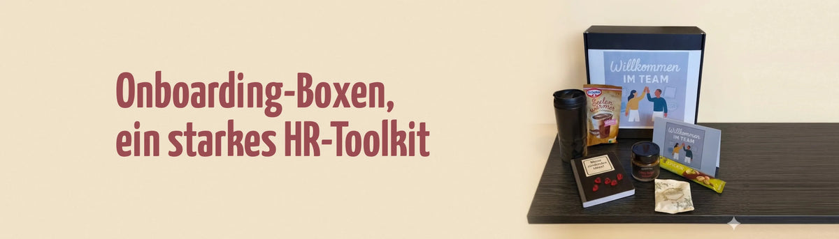 Onboarding-Boxen, ein starkes HR-Toolkit: Willkommensbox „Willkommen im Team" mit Thermobecher, Notizbuch, Gewürzglas und Grußkarte von ardea-ALBA