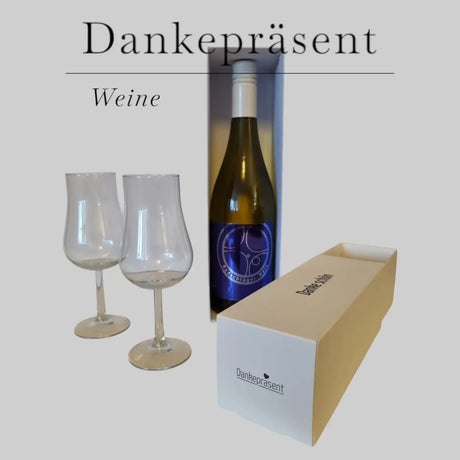 Große Danke-Präsent-Box mit einer Flasche Grauburgunder und zwei Weingläsern, veredelt mit der traditionellen Düsseldorfer Radschläger-Gravur.