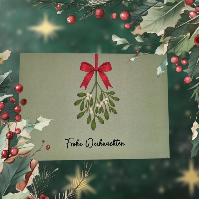 Eine feierliche Weihnachtskarte auf salbeigrünem Hintergrund mit einem Mistelzweig, einer roten Schleife und dem Text „Frohe Weihnachten“. Die Karte ist hier mit Stechpalmenzweigen, roten Beeren und goldenen Sternen eingerahmt. Das Bild steht für die bundesweite Bereitstellung von hochwertiger Mitarbeiterbindung und authentischem Employer Branding durch Dankepräsent, um Unternehmen dabei zu unterstützen, zum Jahresausklang „Danke“ zu sagen.