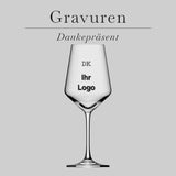 Klassisches Weinglas mit präziser, individueller Logo-Gravur. Edle Glasveredelung für besondere Anlässe, auch in kleinen Stückzahlen lieferbar.