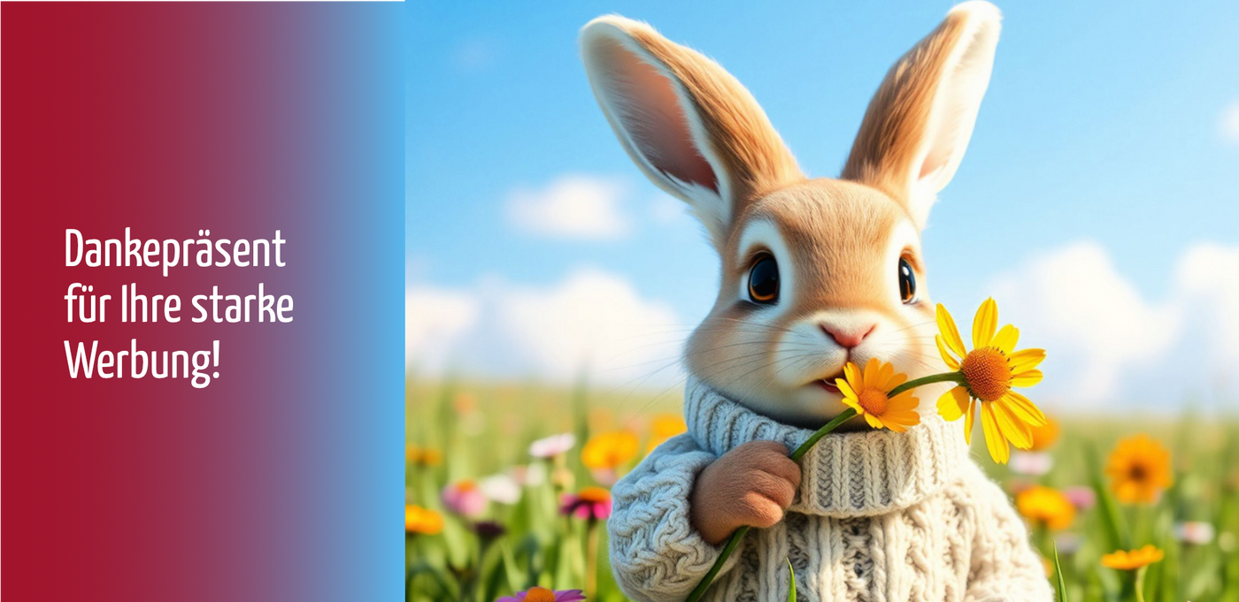 Frühlingshaftes Banner mit Hasen-Motiv für exklusive Werbemittel. Dankepräsent-Grüße für Ihre starke Kundenwerbung und Mitarbeiterpräsenten.
