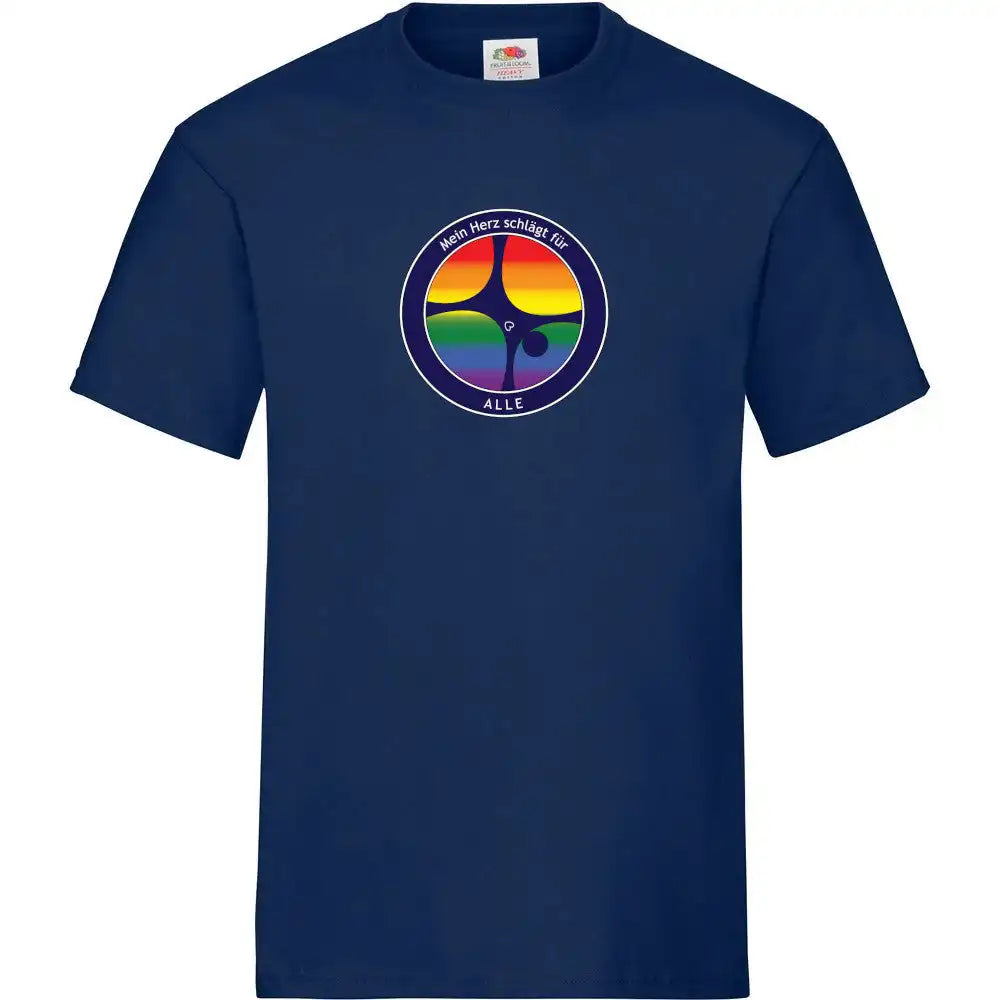 T-Shirt mit Düsseldorfer Radschläger-Logo in Regenbogenfarben und Slogan "mein Herz schlägt für ALLE!" – Statement-Shirt vom Düsseldorfer Kontor für Vielfalt.