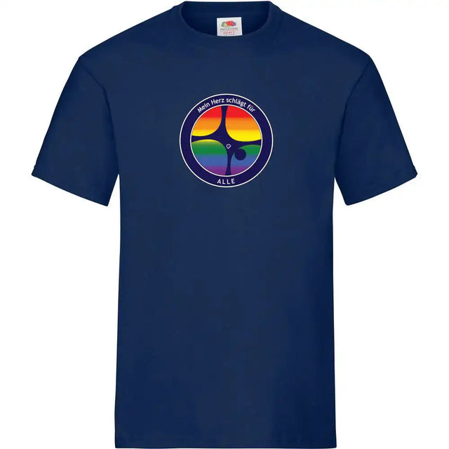 T-Shirt mit Düsseldorfer Radschläger-Logo in Regenbogenfarben und Slogan "mein Herz schlägt für ALLE!" – Statement-Shirt vom Düsseldorfer Kontor für Vielfalt.