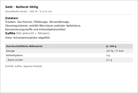 Nährwerttabelle Zutaten Sekt