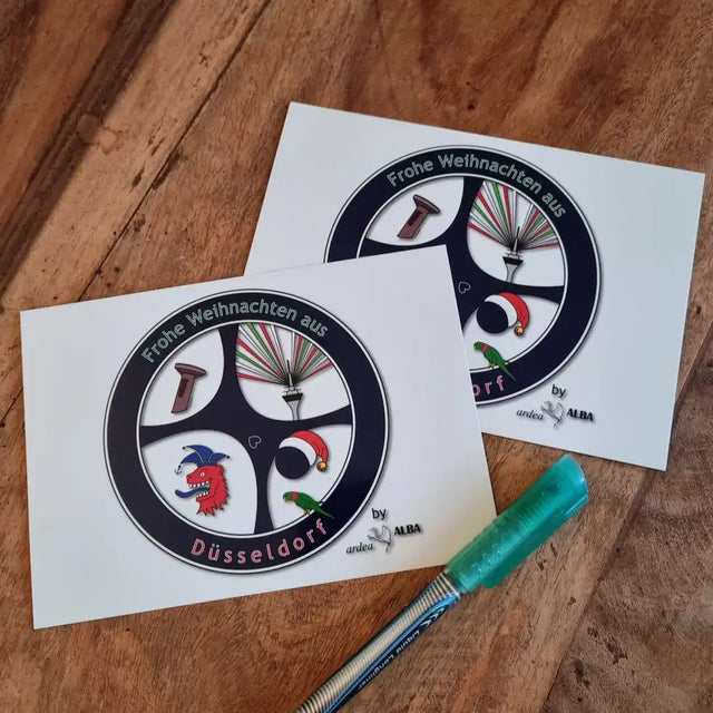 Weihnachtliche Postkarte mit Düsseldorfer Radschläger Motiv und Schriftzug Frohe Weihnachten.