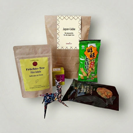 B2B-Wundertüte Japanliebe von Dankepräsent mit grünem Tee, zwei Asia-Snacks, Eistee Pina Colada vom Düsseldorfer Kontor, bundesweiter Versand