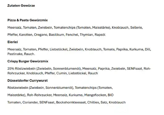 Nahaufnahme der Zutatenliste für Pasta-Gewürze vom Düsseldorfer Kontor – Transparente Inhaltsstoffe für italienische Präsente aus Düsseldorf.
