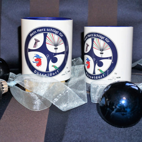 Düsseldorf Radschläger Henkeltasse weiß blau mit Stadtsiegel von Dankepräsent