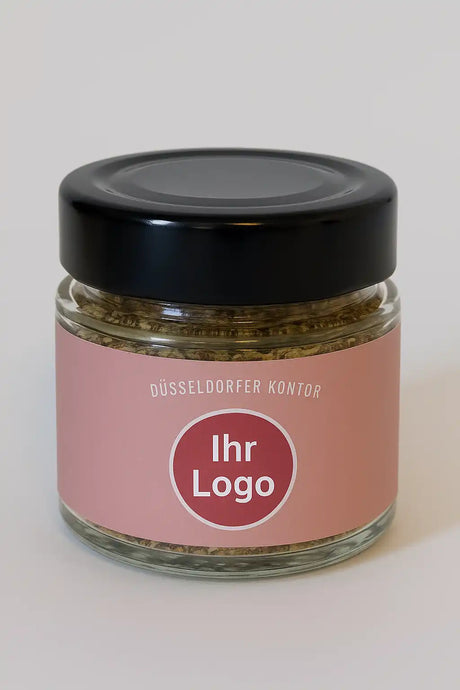 Personalisiertes Gewürzglas mit eigenem Kunden-Etikett als individuelles Firmengeschenk. Hochwertige Gewürzmischung vom Düsseldorfer Kontor, ideal für Branding-Aktionen, Mitarbeiterpräsent-Boxen und exklusive Werbemittel.
