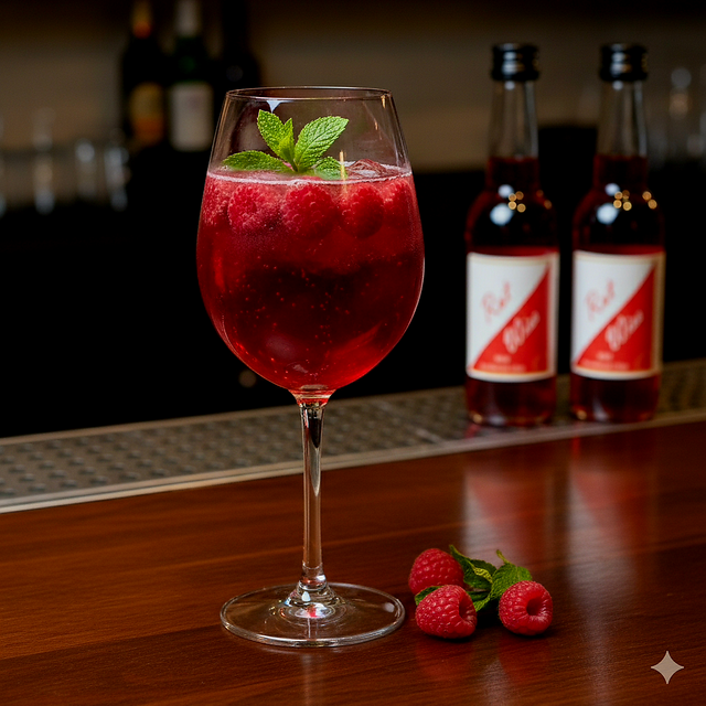 Ein leuchtend roter Likör-Spritz mit Wild-Himbeere, serviert in einem Weinglas an einer stilvollen Bar. Das Premium-Getränk aus Düsseldorf wird bundesweit als Aperitif geschätzt. Im Hintergrund sorgt das warme Bar-Ambiente für eine exklusive Atmosphäre. Unser Likör Rot-Wiss als Düsseldorf Spritz mit Winzersekt oder Prosecco!
