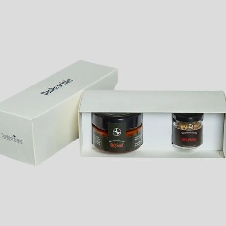 Mitarbeitergeschenk oder Kundenpräsent rauchiger BBQ-Senf in edler Geschenkbox und Aufdruck Danke für Herren, auch mit Banderole im Logo-Design erhältlich